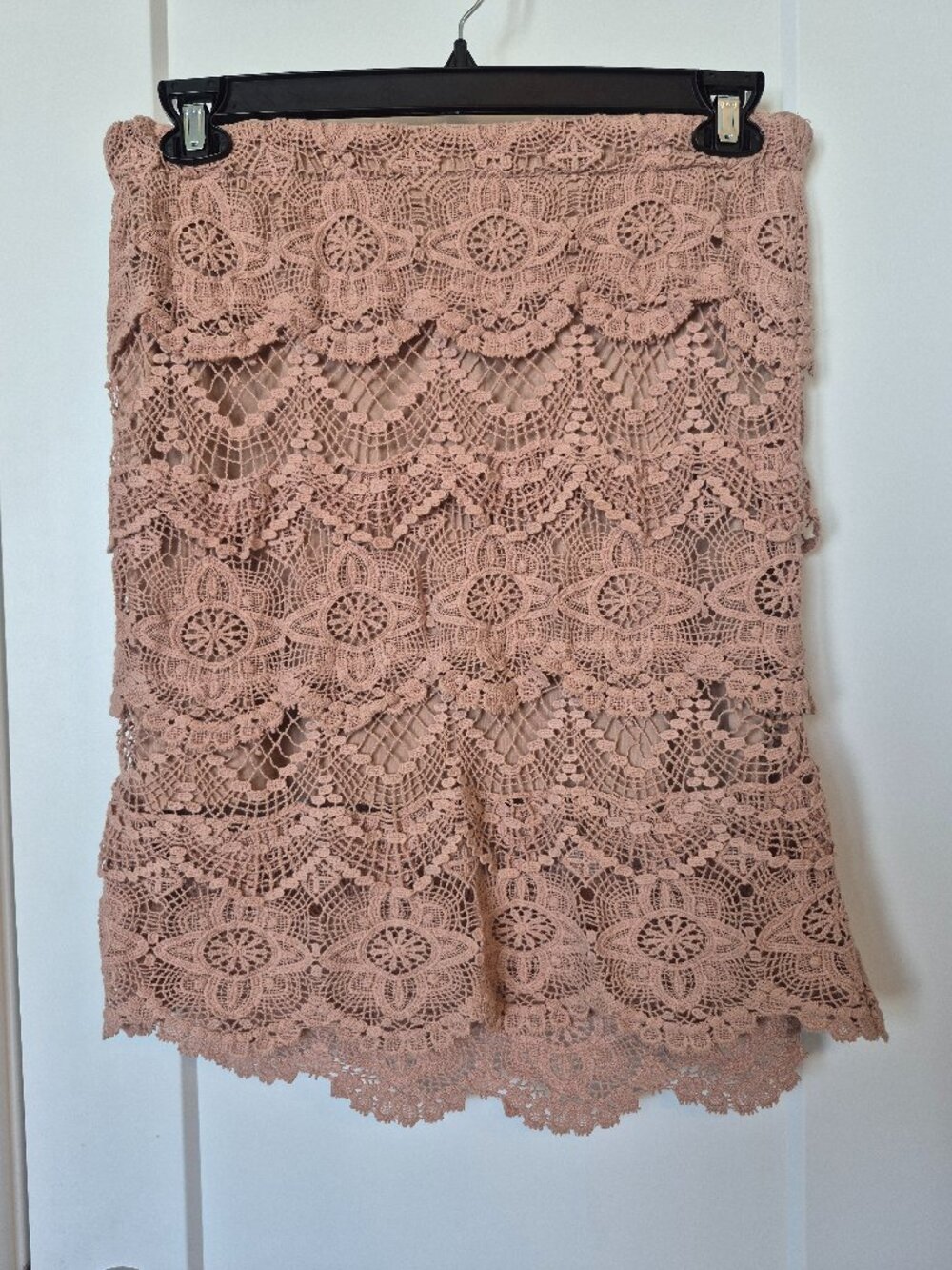 Staring at Stars Blush Pink Lace Skirt – Scalloped Hem Boho Crochet Mini Size L